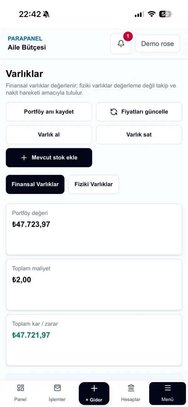 ParaPanel varlıklar ekranında portföy özeti