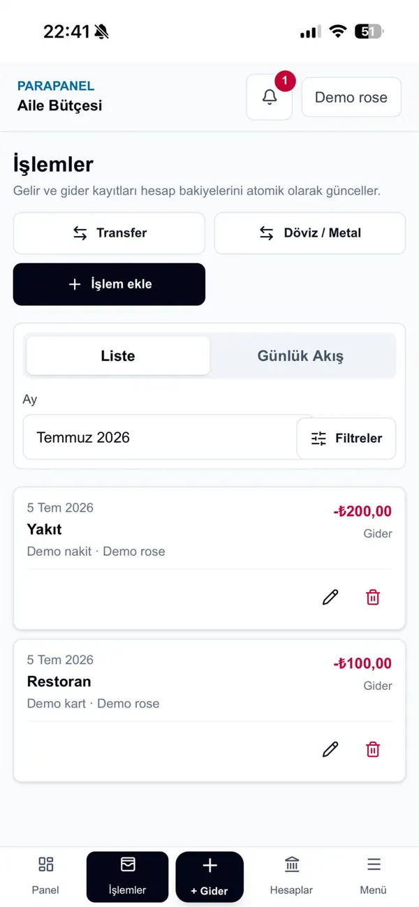 ParaPanel işlemler ekranı